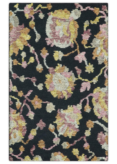 Vibrant Colorful Traditional Floral Black, Purple and Mustard 5x7.6 Hand Tufted wool rug - The Rug Decor