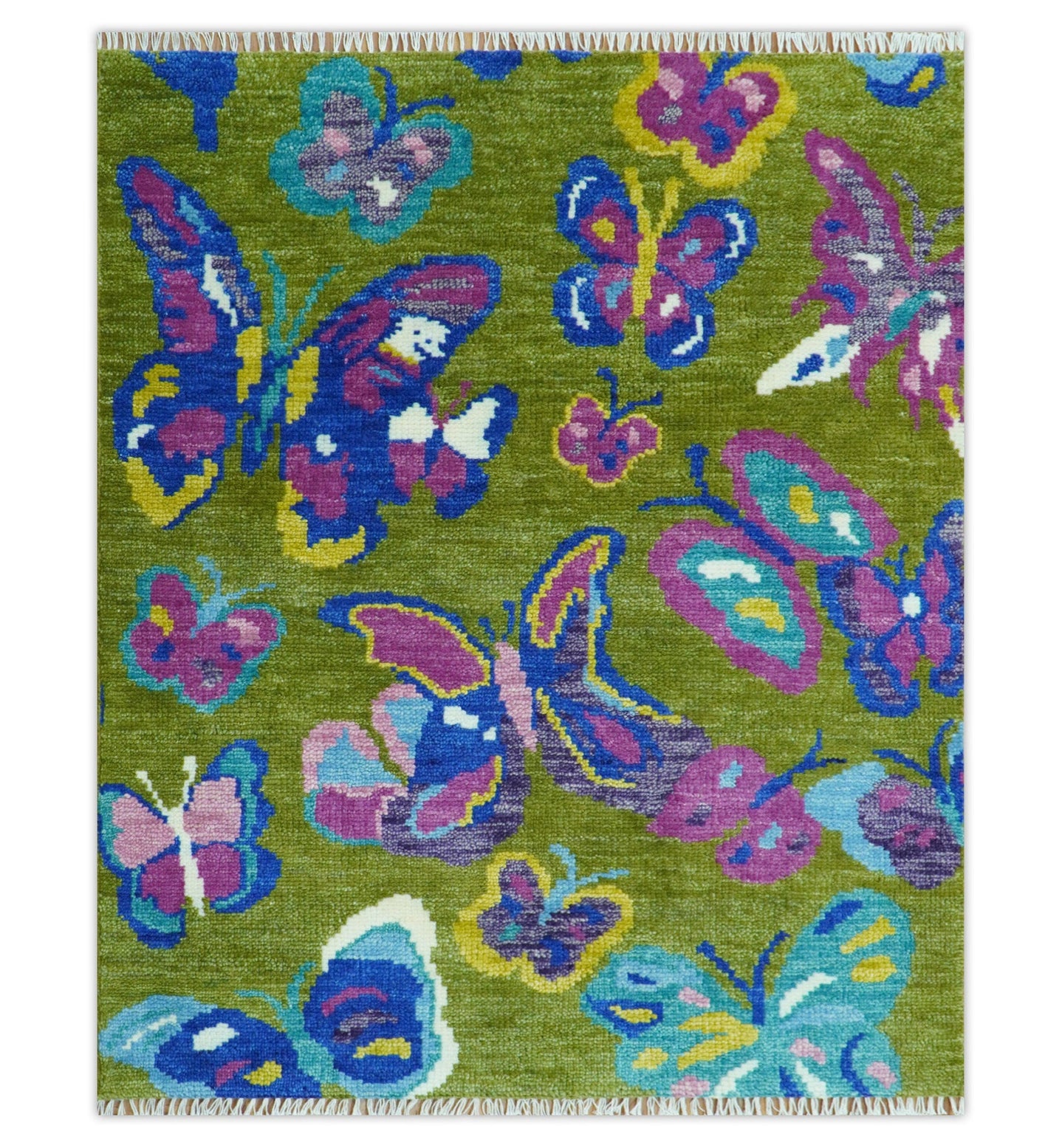 Vibrant Garden of Butterfly Green and Purple Hand knotted Multi size wool Area Rug - The Rug Decor