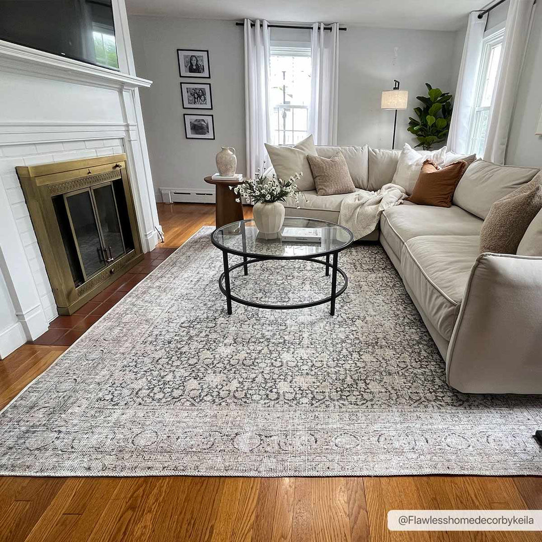 Vintage Antique Design Charcoal, Silver and Beige washable rug - The Rug Decor