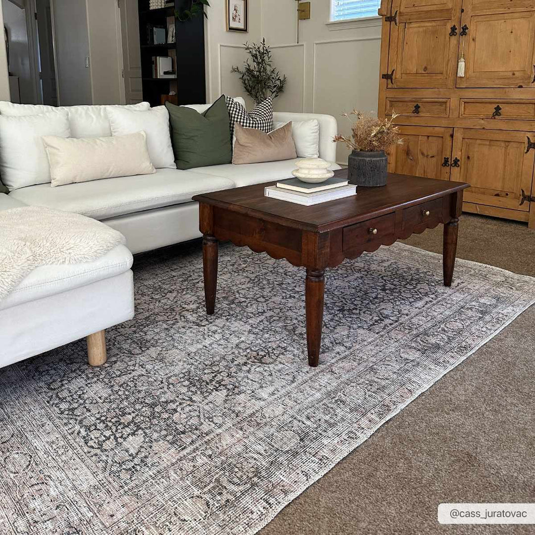 Vintage Antique Design Charcoal, Silver and Beige washable rug - The Rug Decor