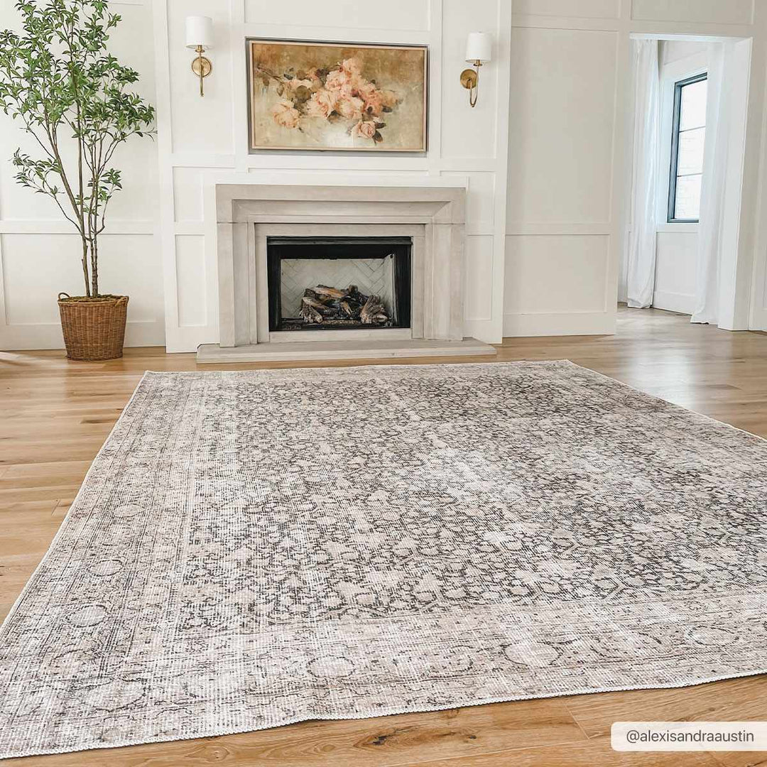 Vintage Antique Design Charcoal, Silver and Beige washable rug - The Rug Decor