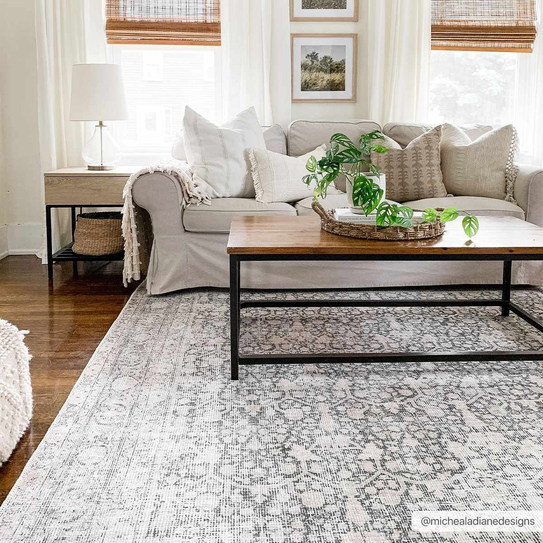 Vintage Antique Design Charcoal, Silver and Beige washable rug - The Rug Decor