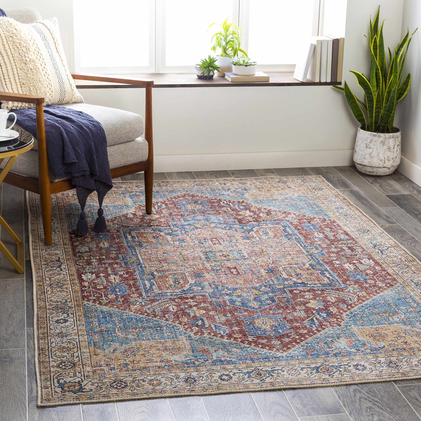 Vintage Design Traditional Brown, Blue and Gold Washable Area Rug - The Rug Decor