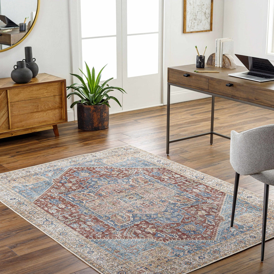 Vintage Design Traditional Brown, Blue and Gold Washable Area Rug - The Rug Decor