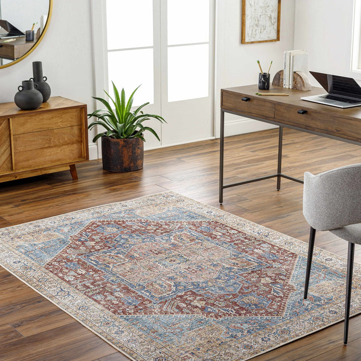 Vintage Design Traditional Brown, Blue and Gold Washable Area Rug - The Rug Decor