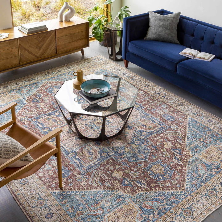 Vintage Design Traditional Brown, Blue and Gold Washable Area Rug - The Rug Decor