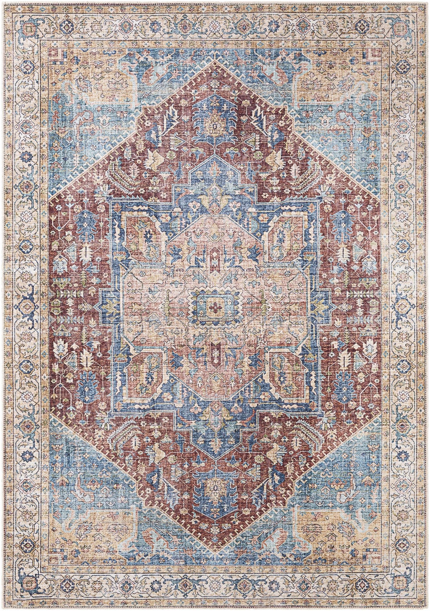 Vintage Design Traditional Brown, Blue and Gold Washable Area Rug - The Rug Decor