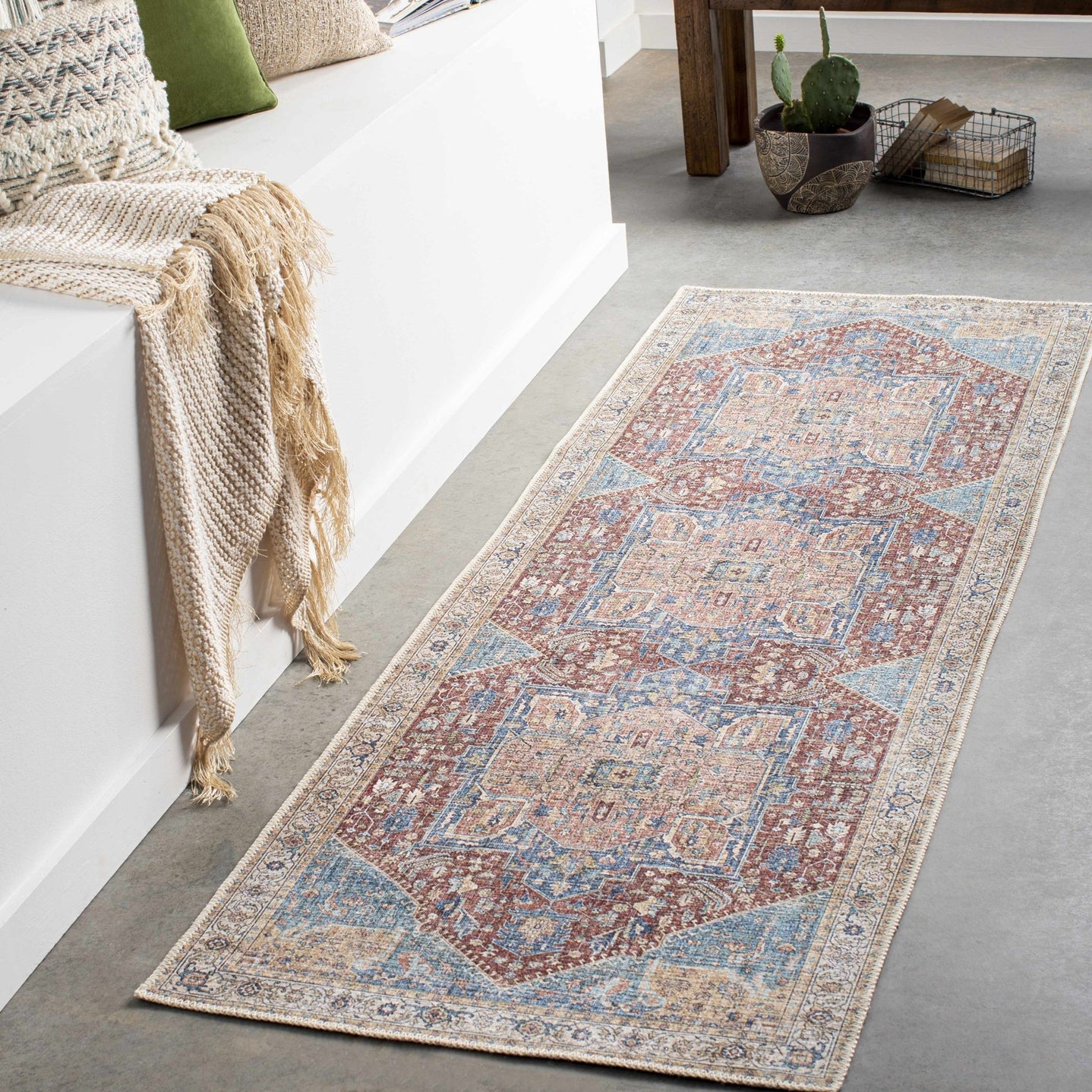 Vintage Design Traditional Brown, Blue and Gold Washable Area Rug - The Rug Decor
