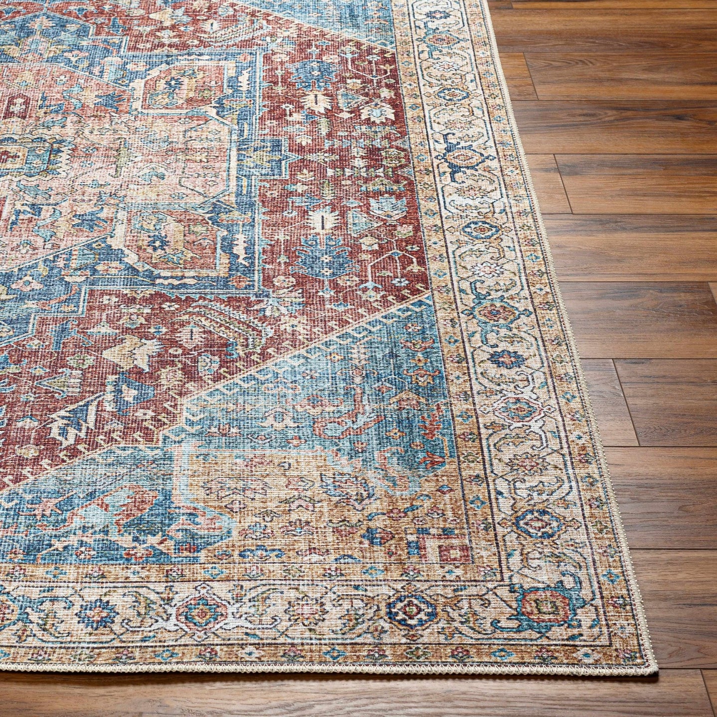 Vintage Design Traditional Brown, Blue and Gold Washable Area Rug - The Rug Decor