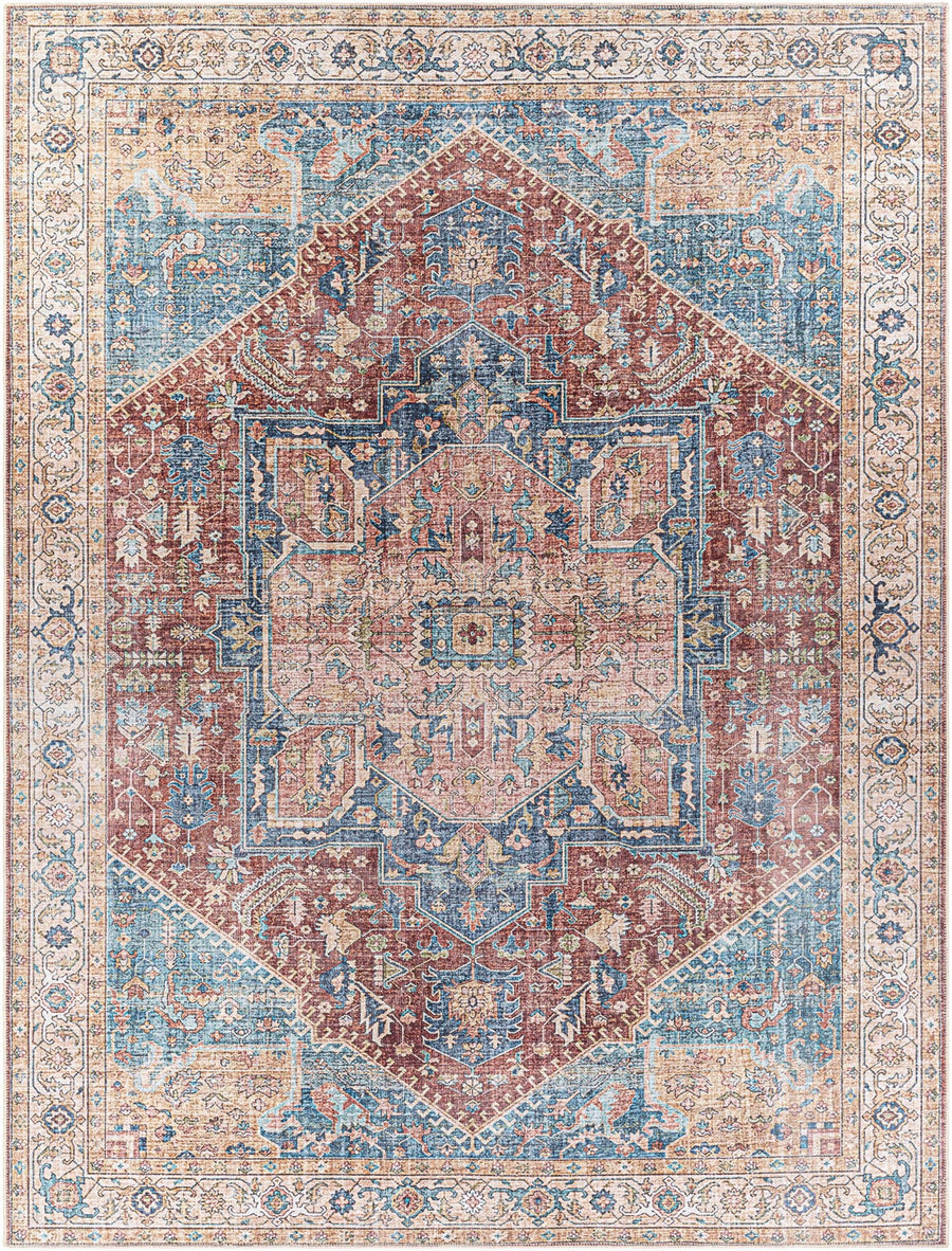 Vintage Design Traditional Brown, Blue and Gold Washable Area Rug - The Rug Decor
