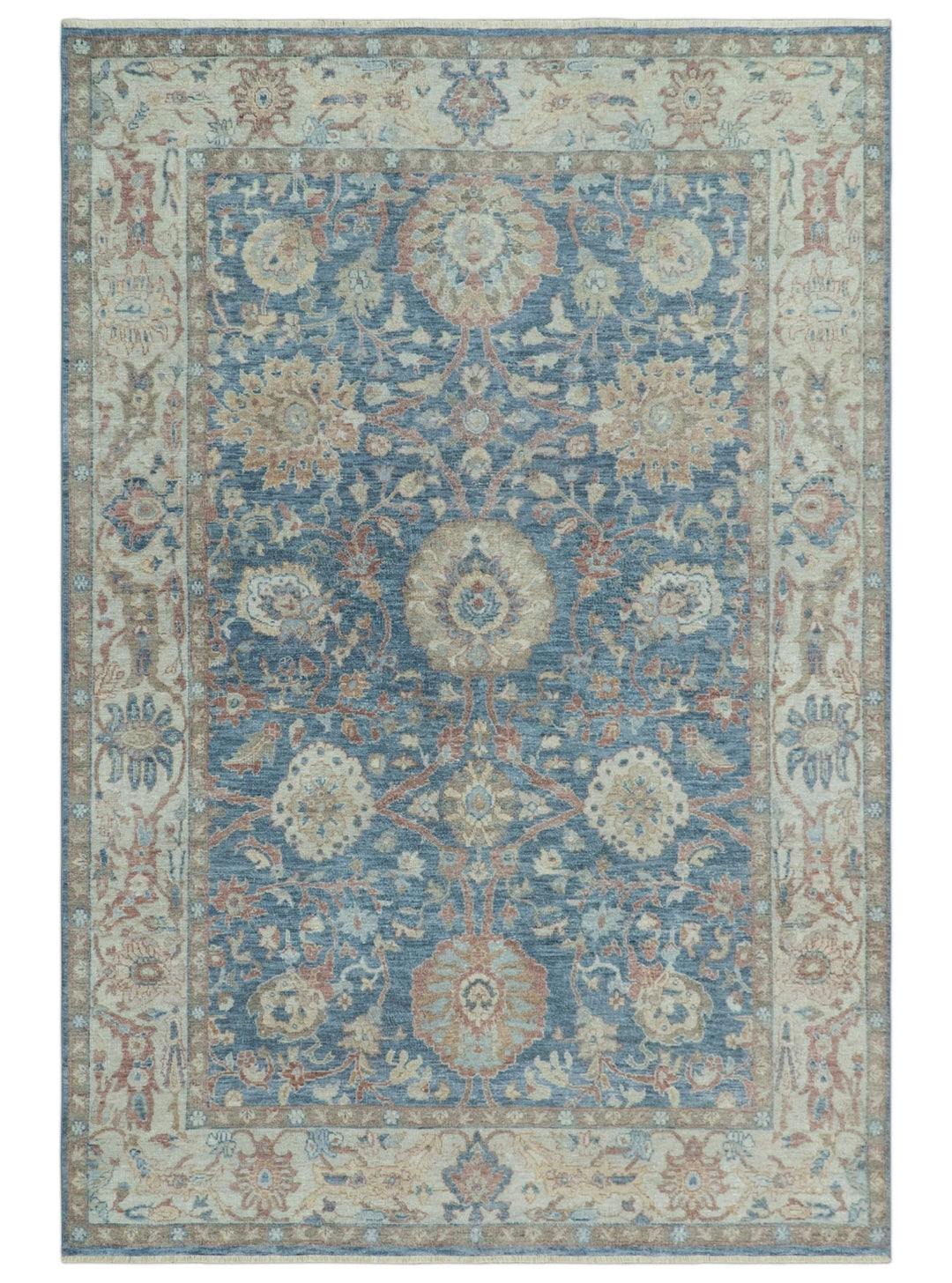Vintage Hand Knotted 8x10 Blue and Beige Traditional Oxidized Textured Persian Low Pile Wool Rug - The Rug Decor