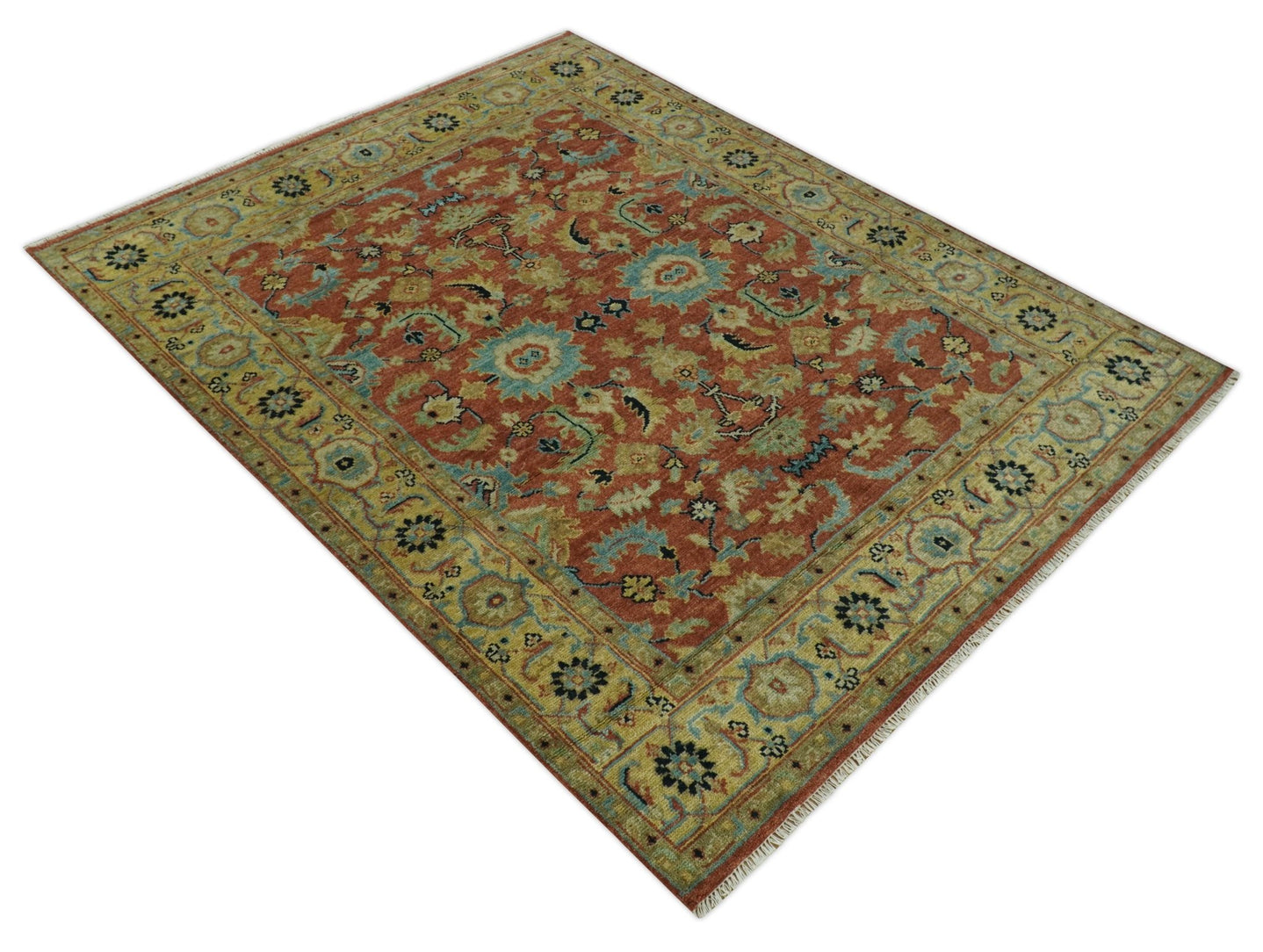 Vintage Style 8x10 Traditional Floral Rust and Olive Oriental Oushak wool area rug - The Rug Decor