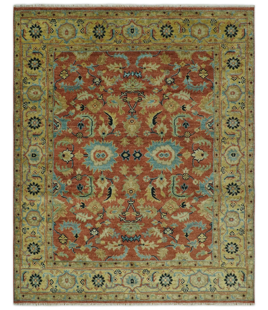 Vintage Style 8x10 Traditional Floral Rust and Olive Oriental Oushak wool area rug - The Rug Decor