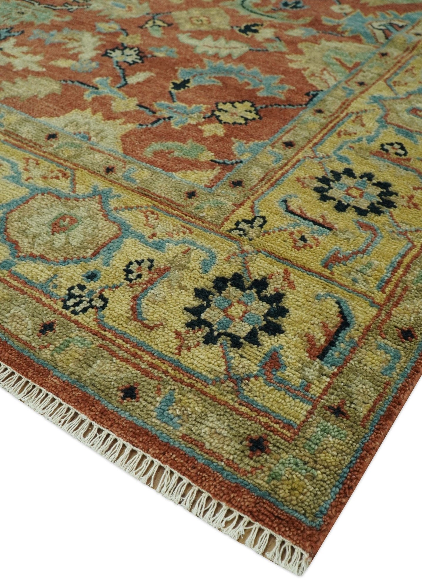 Vintage Style 8x10 Traditional Floral Rust and Olive Oriental Oushak wool area rug - The Rug Decor