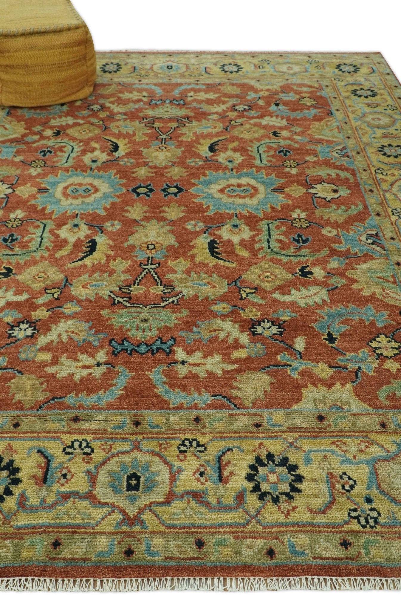 Vintage Style 8x10 Traditional Floral Rust and Olive Oriental Oushak wool area rug - The Rug Decor