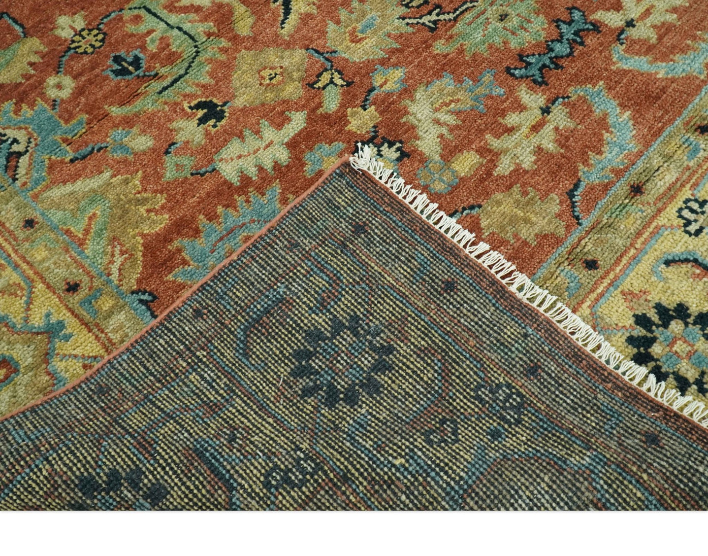 Vintage Style 8x10 Traditional Floral Rust and Olive Oriental Oushak wool area rug - The Rug Decor