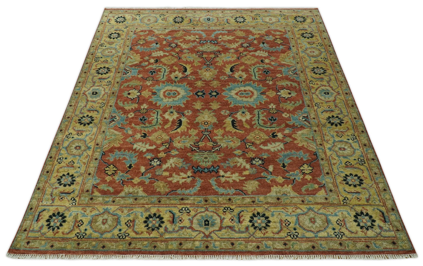 Vintage Style 8x10 Traditional Floral Rust and Olive Oriental Oushak wool area rug - The Rug Decor