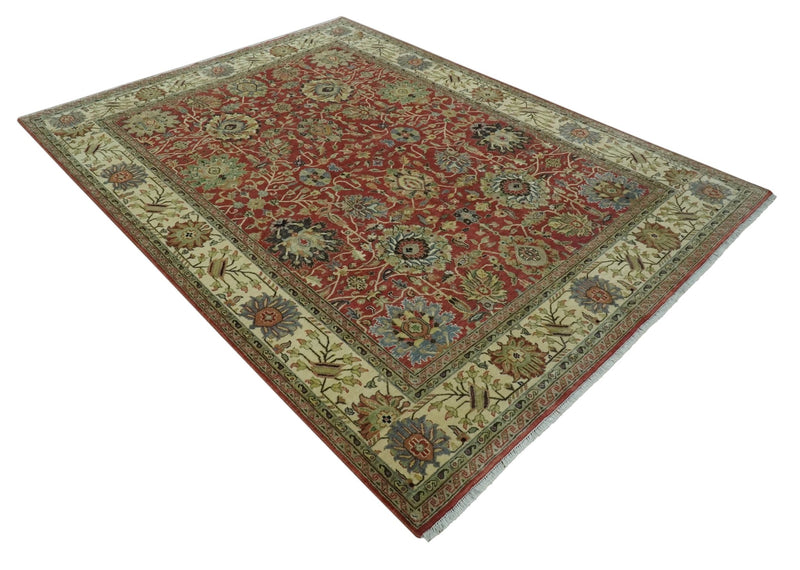 Vintage Style 9x12 Fine Hand Knotted Rust, Olive and Beige Traditional Serapi wool rug - The Rug Decor