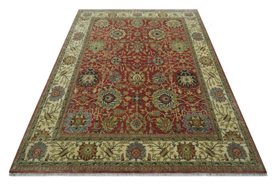 Vintage Style 9x12 Fine Hand Knotted Rust, Olive and Beige Traditional Serapi wool rug - The Rug Decor