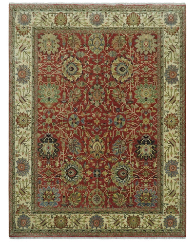 Vintage Style 9x12 Fine Hand Knotted Rust, Olive and Beige Traditional Serapi wool rug - The Rug Decor