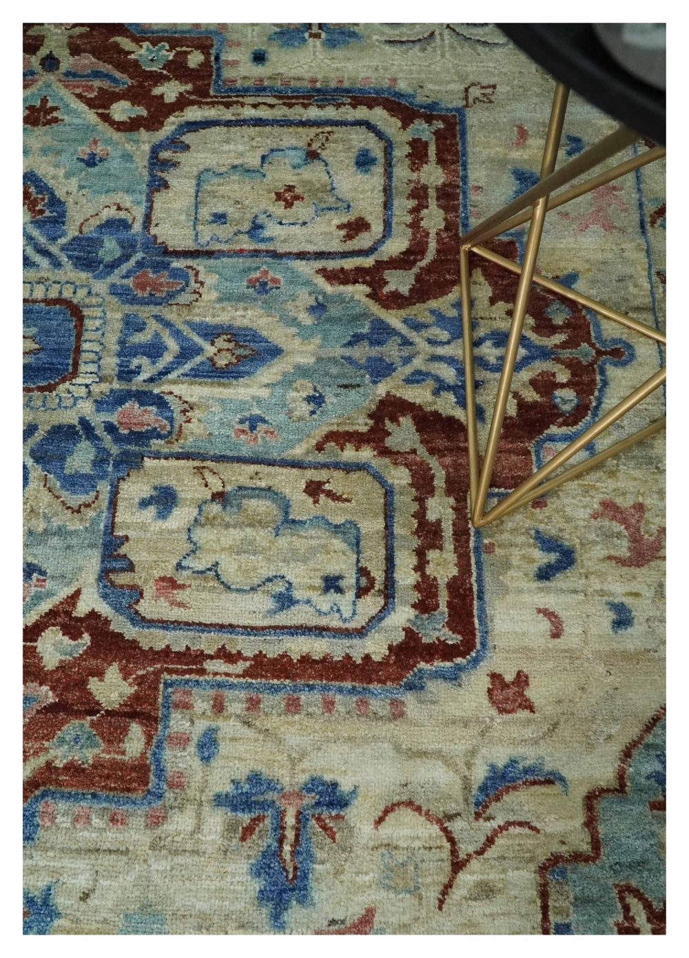 Vintage Style Beige, Aqua and Brown Hand Knotted Traditional Heriz 8x10 wool area Rug - The Rug Decor