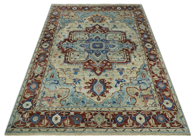Vintage Style Beige, Aqua and Brown Hand Knotted Traditional Heriz 8x10 wool area Rug - The Rug Decor
