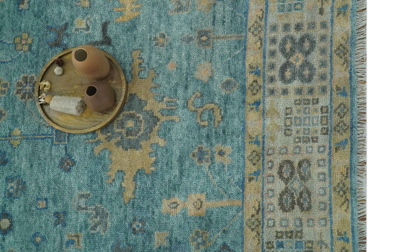 Vintage Style Blue, Beige and silver Hand Knotted Traditional Oushak wool area Rug - The Rug Decor