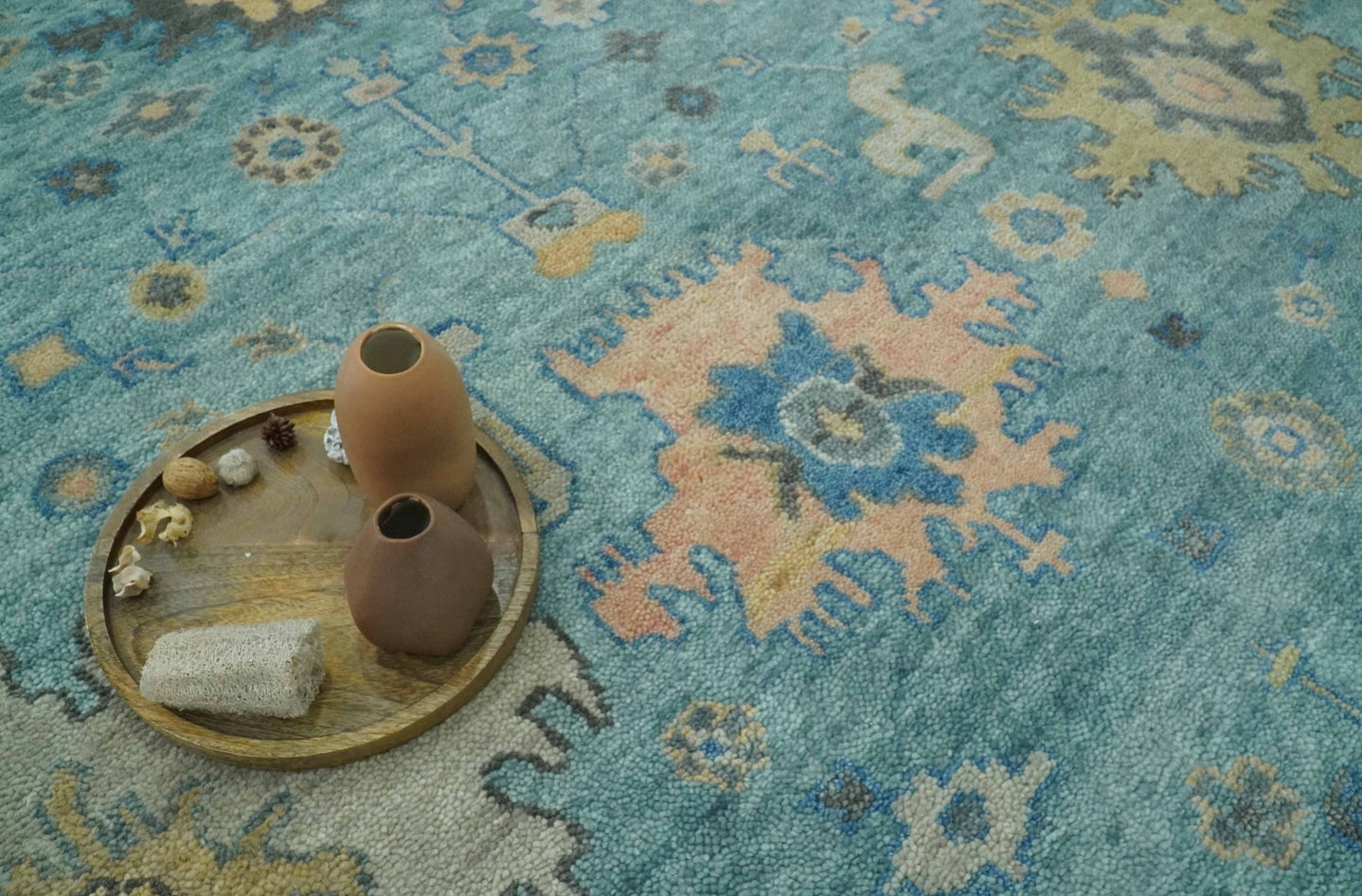 Vintage Style Blue, Beige and silver Hand Knotted Traditional Oushak wool area Rug - The Rug Decor