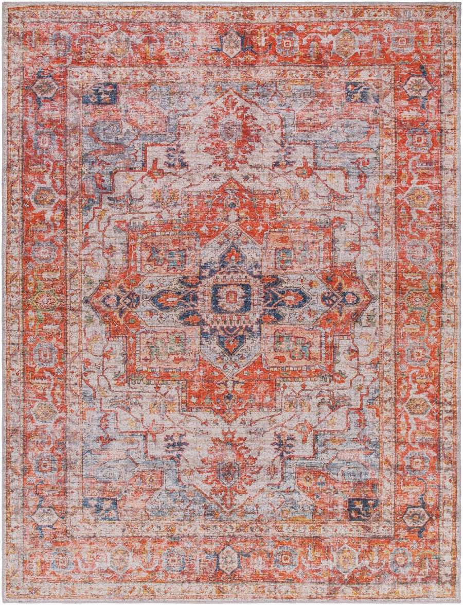 Vintage Style Bricks Red, Gray and Mustard Traditional Heriz Washable Rug - The Rug Decor