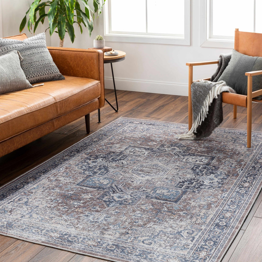 Vintage Style Floral Brown, Blue and Peach Traditional Washable Area Rug - The Rug Decor