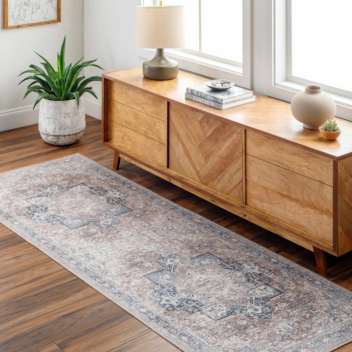 Vintage Style Floral Brown, Blue and Peach Traditional Washable Area Rug - The Rug Decor