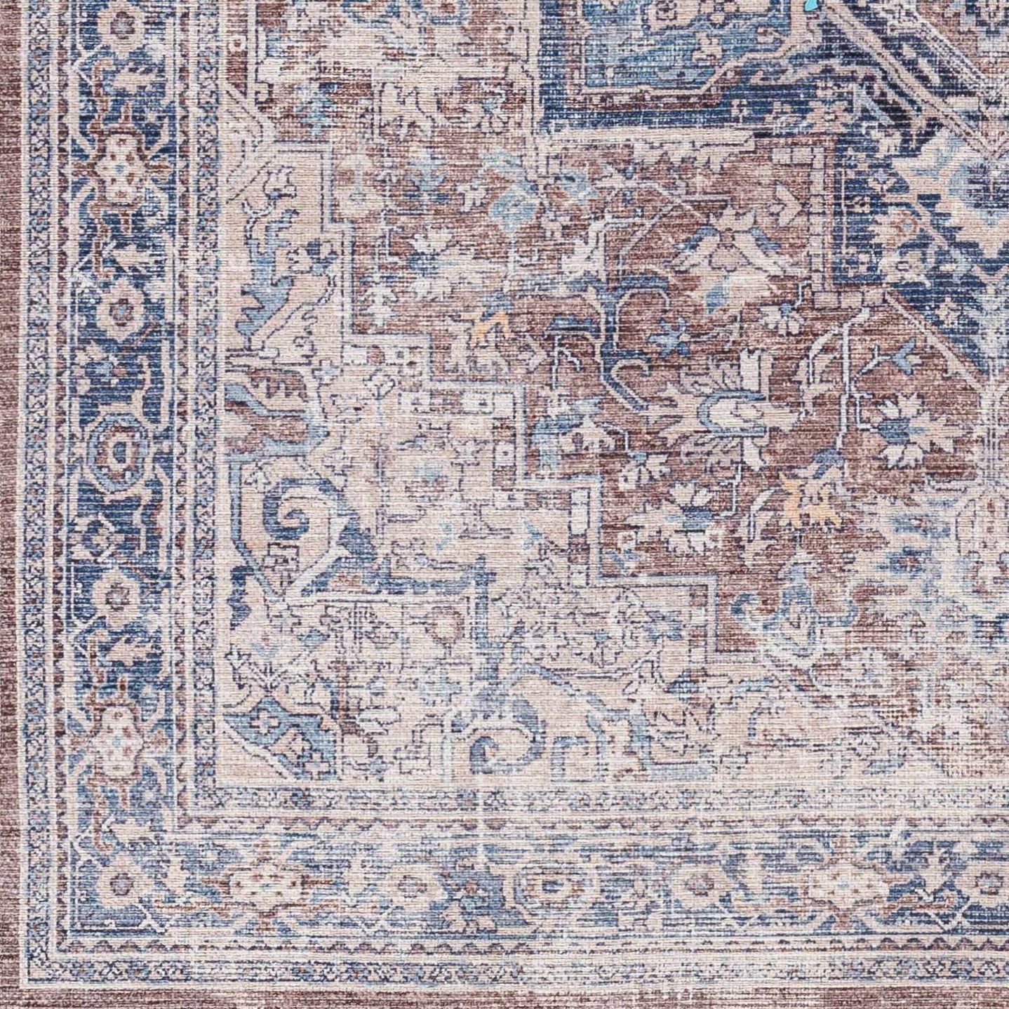 Vintage Style Floral Brown, Blue and Peach Traditional Washable Area Rug - The Rug Decor