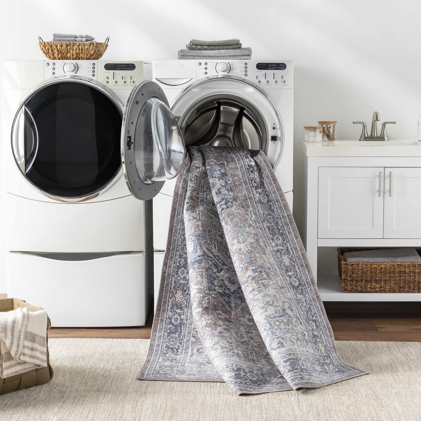 Vintage Style Floral Brown, Blue and Peach Traditional Washable Area Rug - The Rug Decor