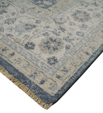 Vintage Style Hand Knotted 9x12 Traditional Blue and Beige Antique Textured Low Pile Distressed Wool Rug - The Rug Decor