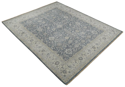 Vintage Style Hand Knotted 9x12 Traditional Blue and Beige Antique Textured Low Pile Distressed Wool Rug - The Rug Decor