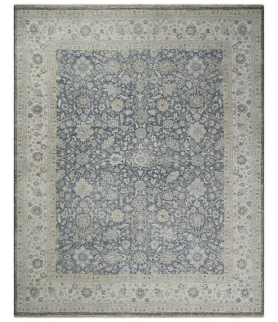 Vintage Style Hand Knotted 9x12 Traditional Blue and Beige Antique Textured Low Pile Distressed Wool Rug - The Rug Decor