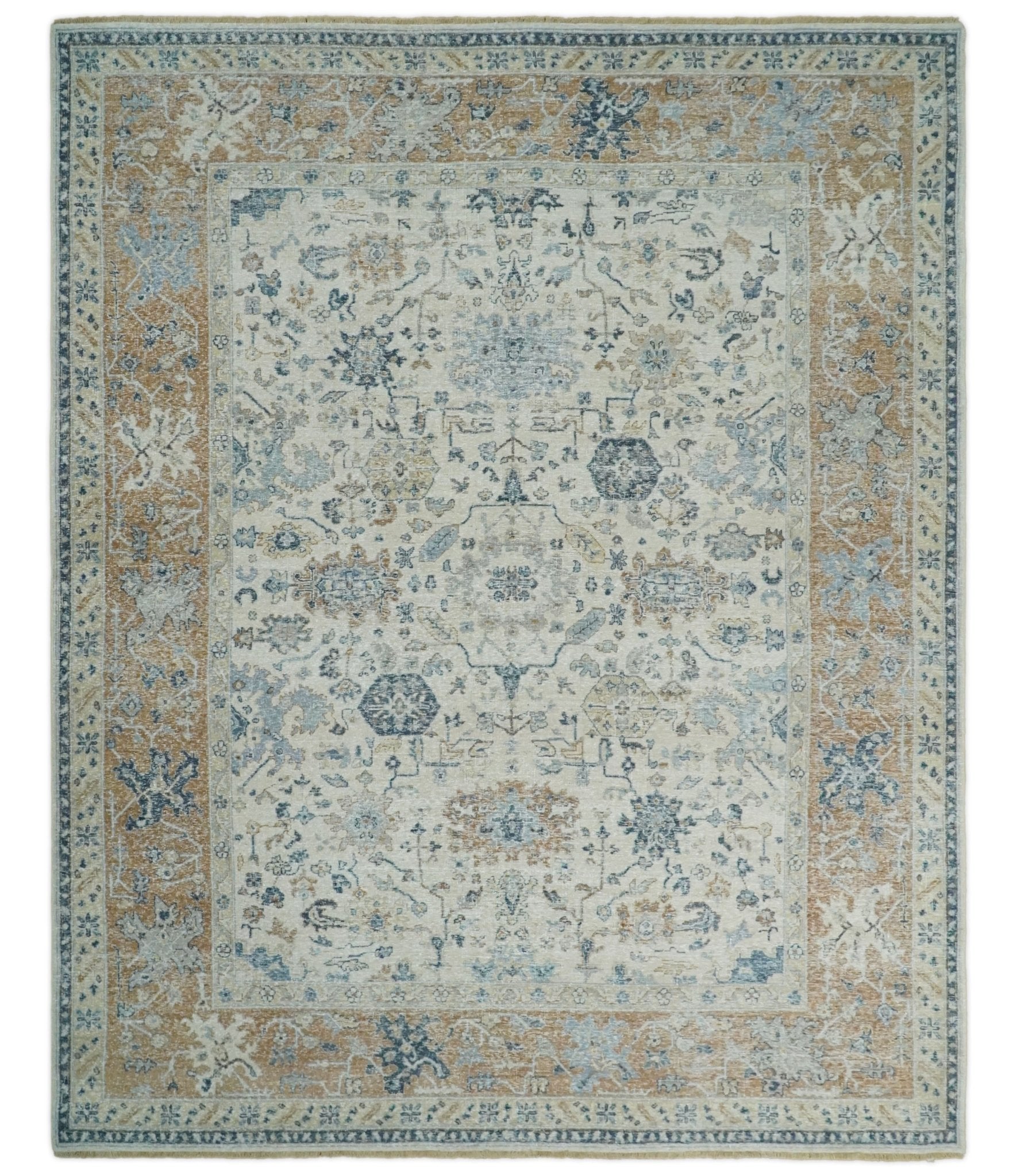 Oxidized Rust Rug Hand Knotted Ivory and Rust Traditional Oxidized Textured Wool Rug