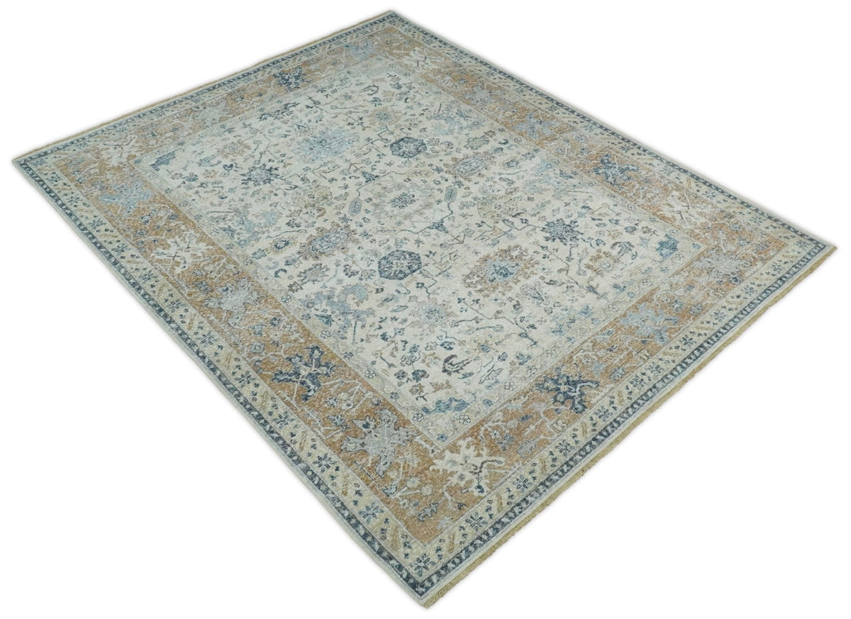 Oxidized Rust Rug Hand Knotted Ivory and Rust Traditional Oxidized Textured Wool Rug
