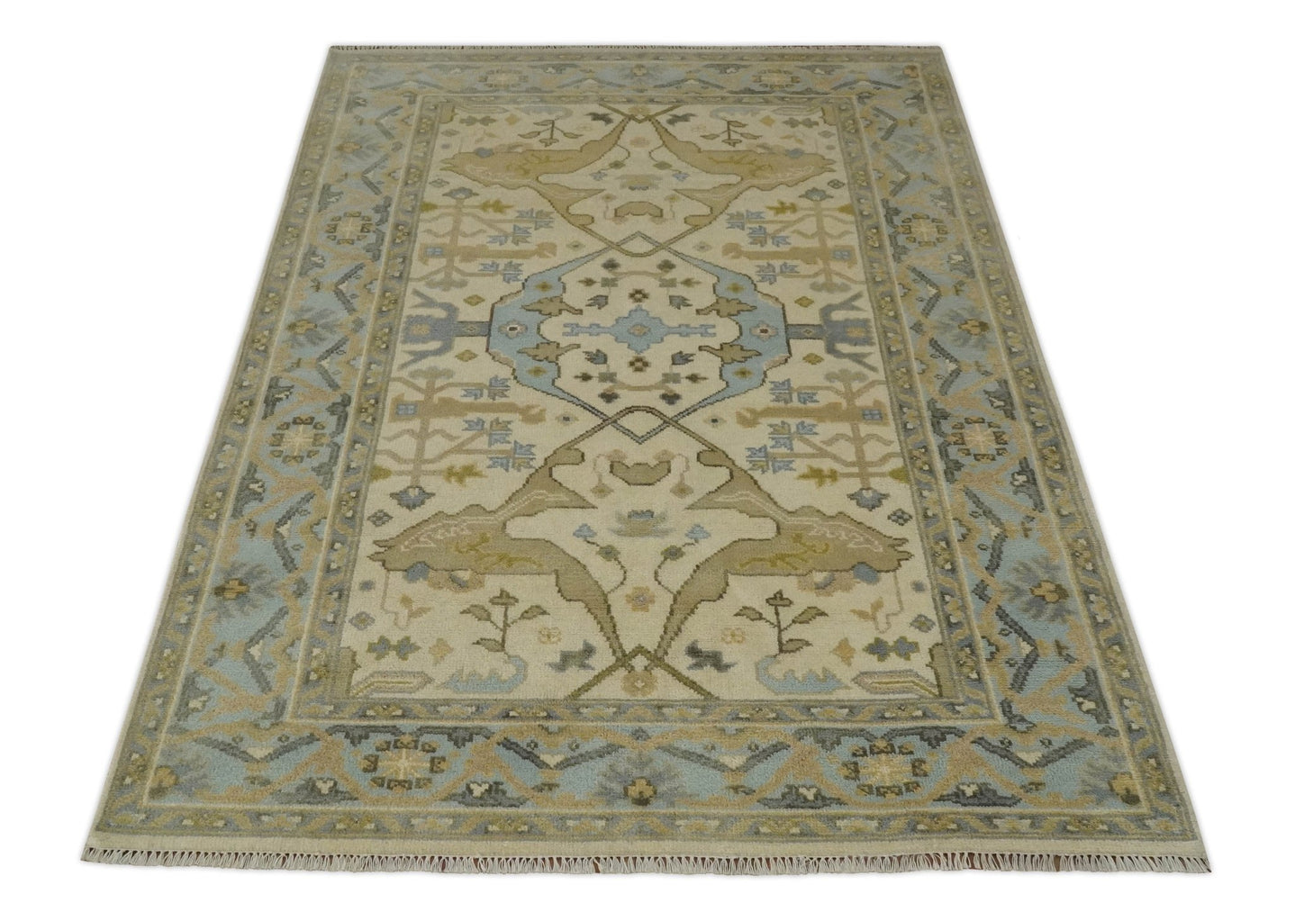 Vintage Style Ivory, Beige and Gray 6x9 Hand Knotted Traditional Oriental Oushak wool rug - The Rug Decor