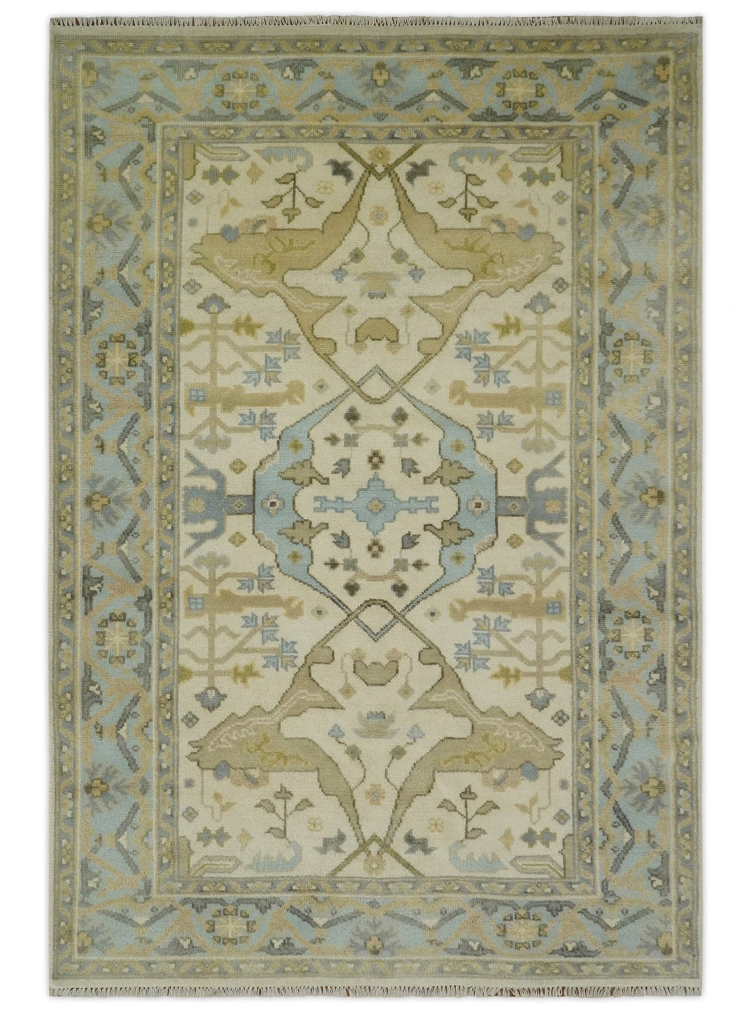 Vintage Style Ivory, Beige and Gray 6x9 Hand Knotted Traditional Oriental Oushak wool rug - The Rug Decor