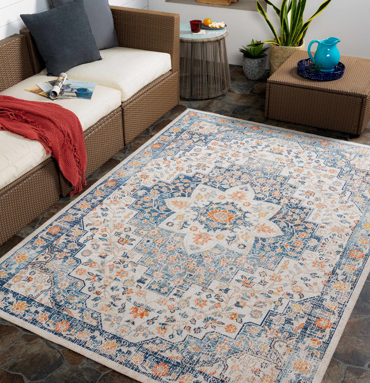 Vintage Style Ivory, Blue and Peach Traditional Floral Medallion Outdoor Safe Area Rug - The Rug Decor