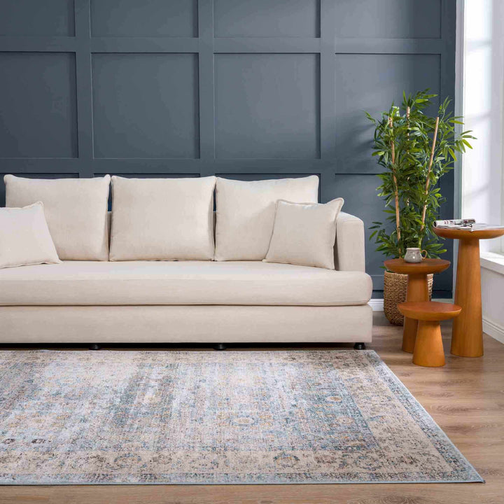Vintage Style Peach, Blue and Charcoal Traditional Turkish Design Area Rug - The Rug Decor