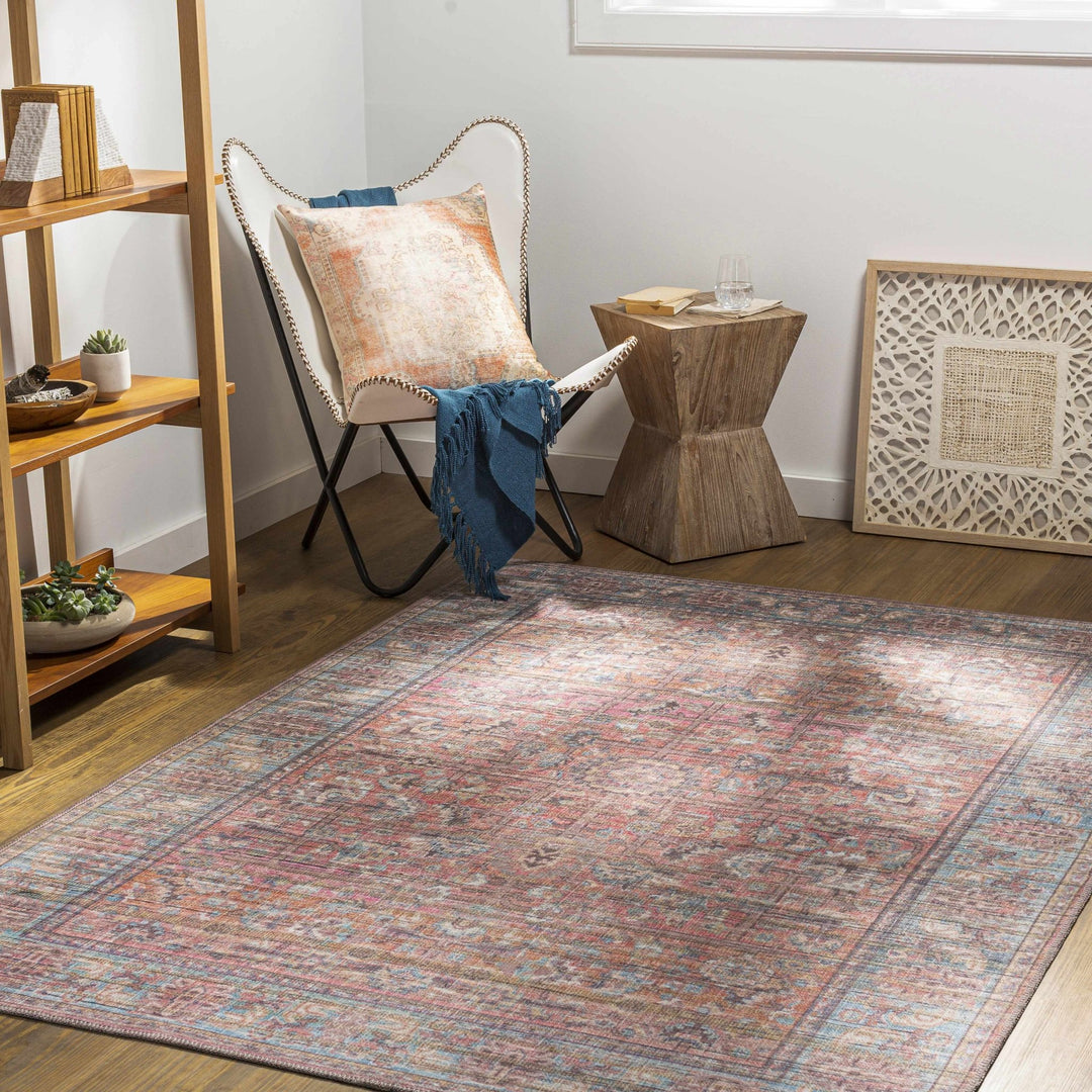 Vintage style Red, Pink, Aqua and Brown Traditional washable Area Rug - The Rug Decor
