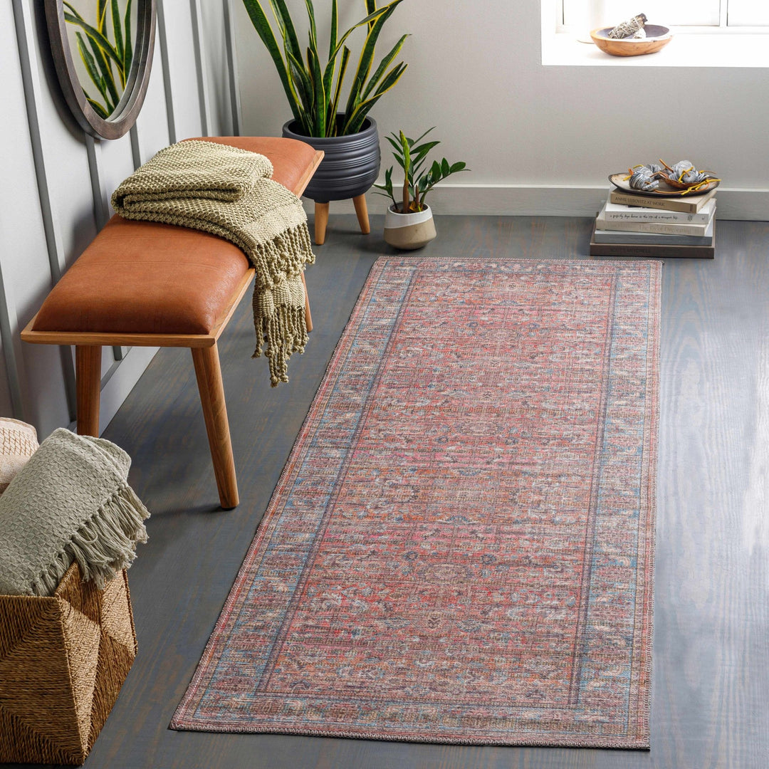 Vintage style Red, Pink, Aqua and Brown Traditional washable Area Rug - The Rug Decor