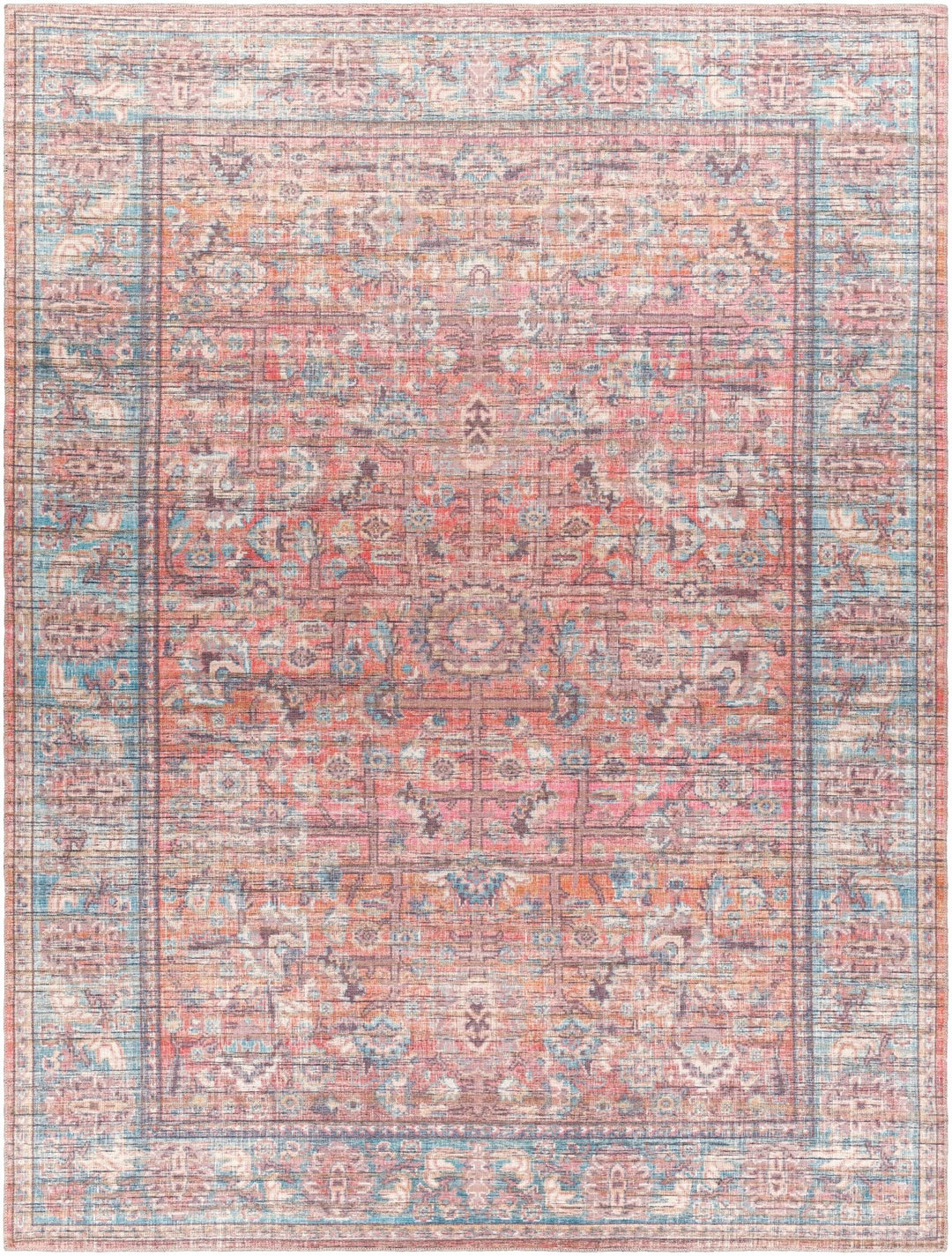 Vintage style Red, Pink, Aqua and Brown Traditional washable Area Rug - The Rug Decor