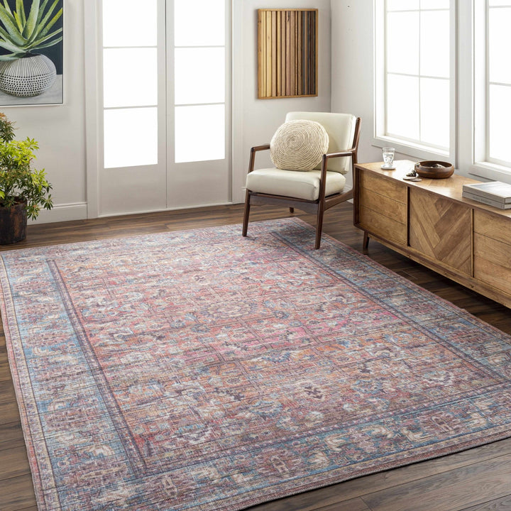 Vintage style Red, Pink, Aqua and Brown Traditional washable Area Rug - The Rug Decor