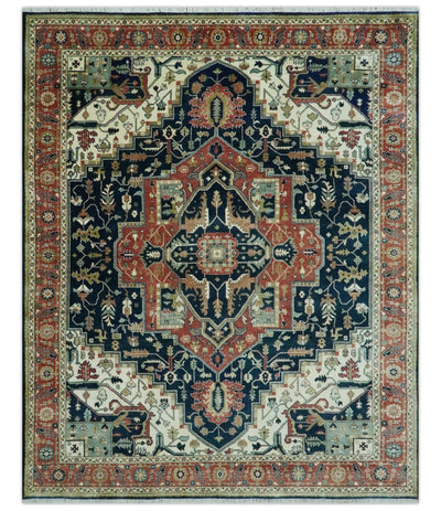 Vintage Style Rust, Blue and Ivory Fine Hand Knotted Traditional Heriz 9x12 wool area rug - The Rug Decor