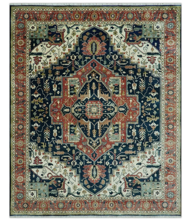 Vintage Style Rust, Blue and Ivory Fine Hand Knotted Traditional Heriz 9x12 wool area rug - The Rug Decor