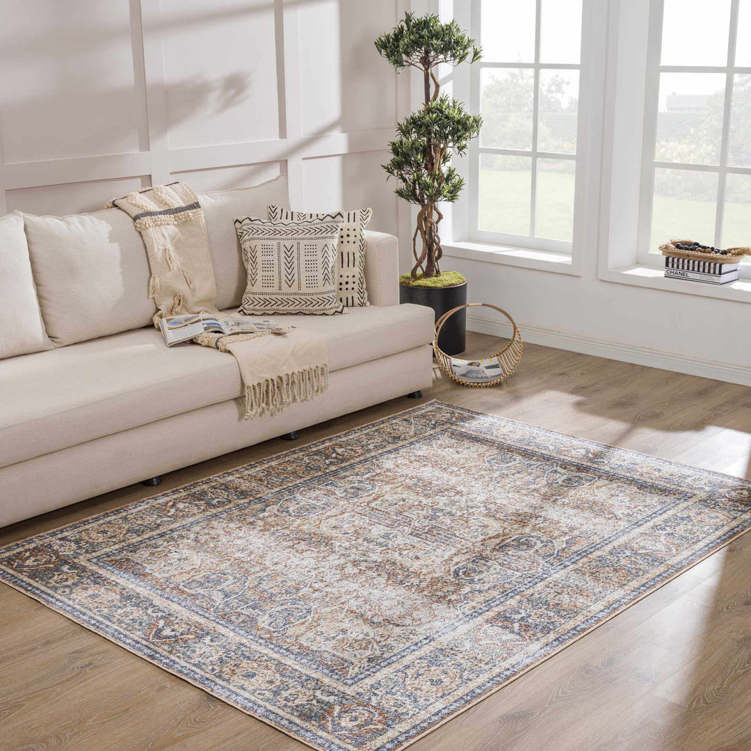 Vintage style Rust, Charcoal and Beige Traditional Design washable rug - The Rug Decor