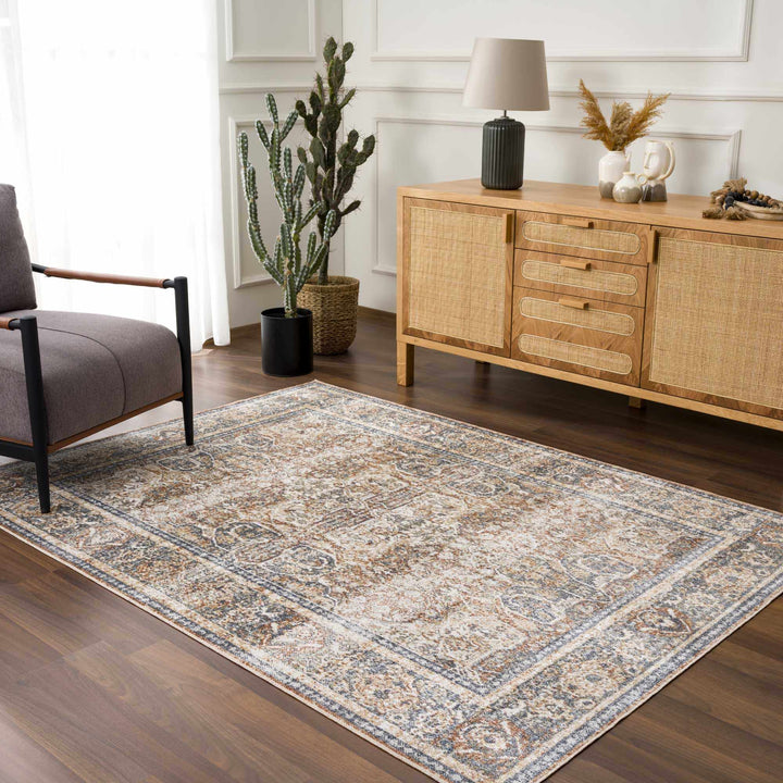 Vintage style Rust, Charcoal and Beige Traditional Design washable rug - The Rug Decor
